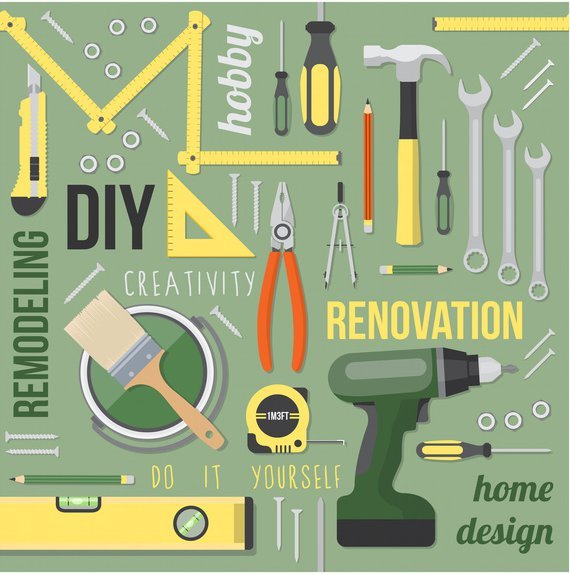 A flat lay illustration of DIY remodeling and home renovation tools including a drill, hammer, and measuring tape on a green background.
