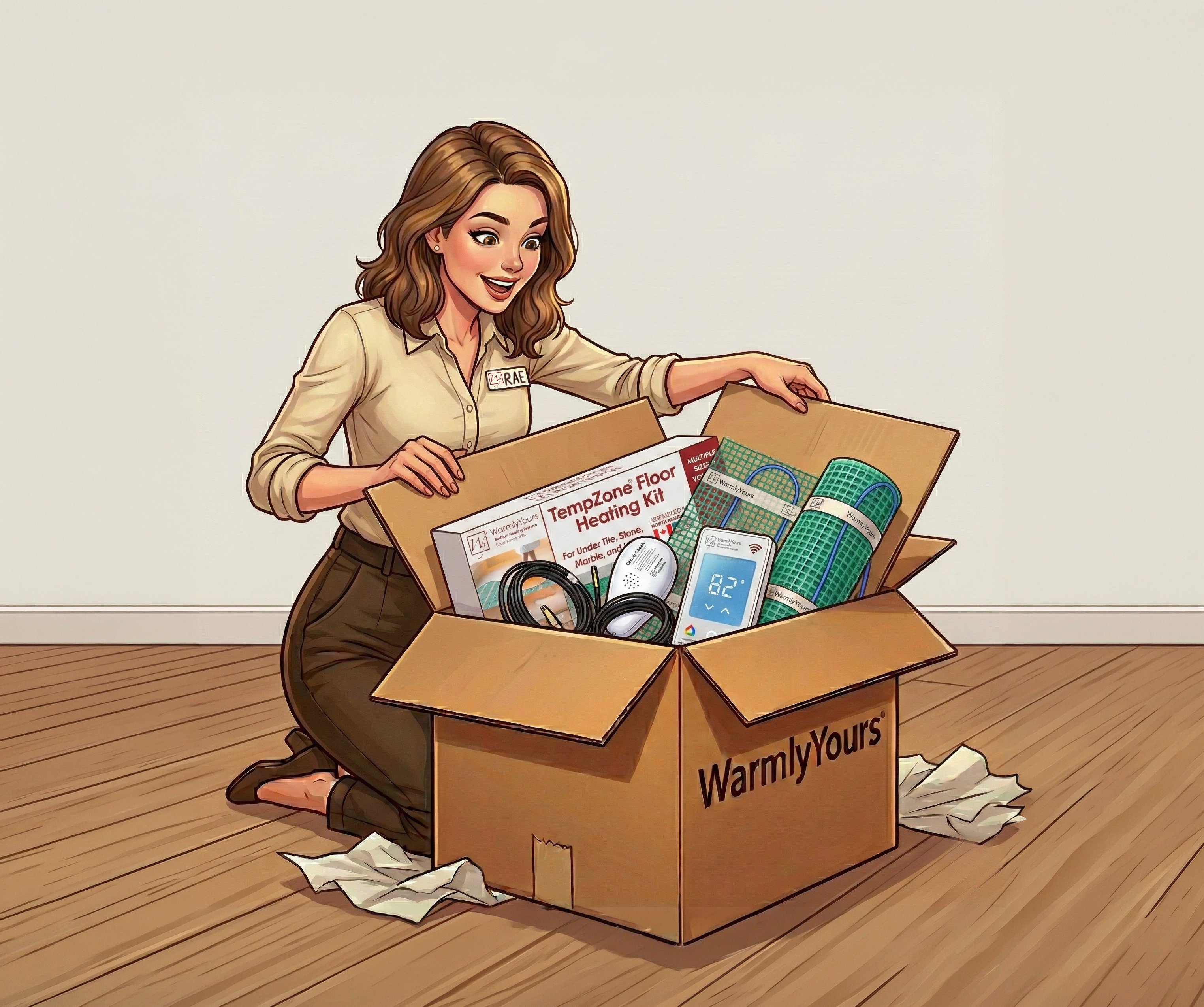 A woman unboxing a WarmlyYours TempZone electric radiant floor heating kit containing a green mesh heating mat, thermostat, and installation tools.
