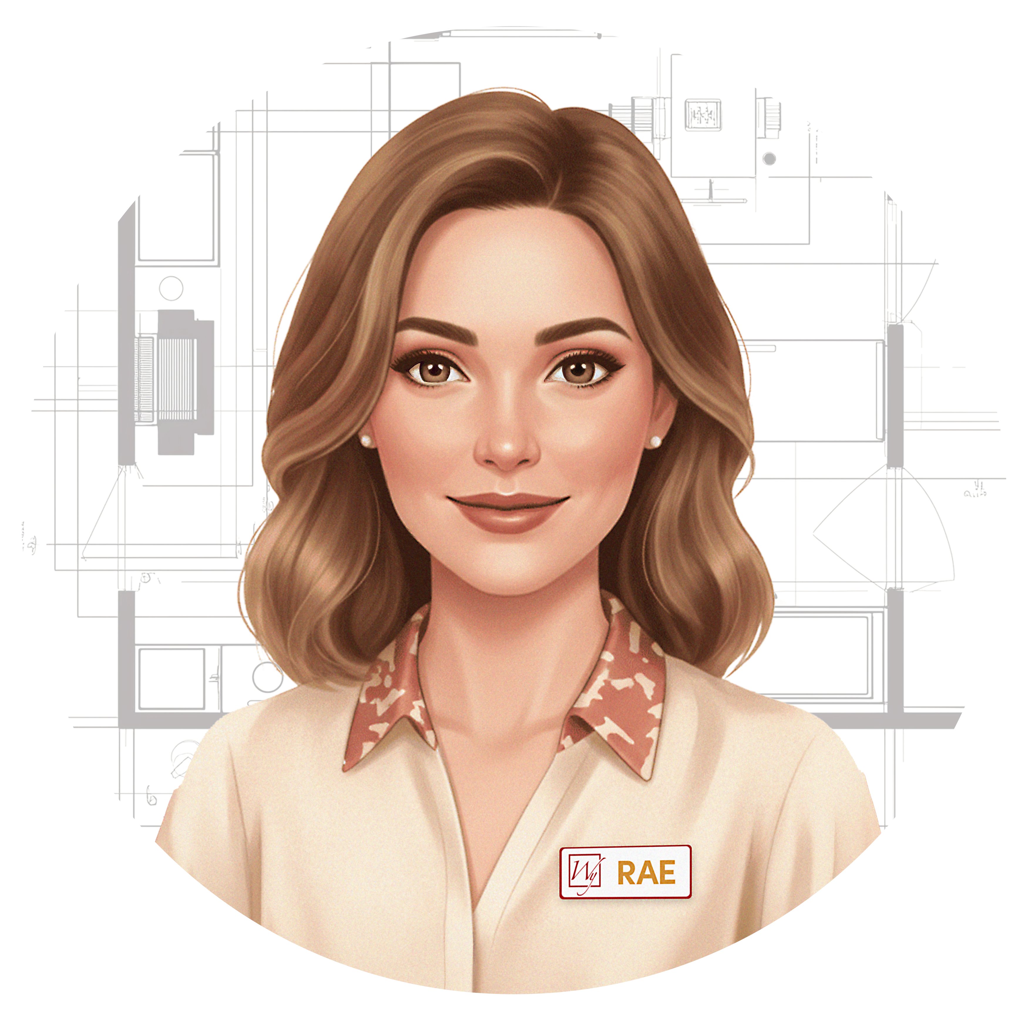 Portrait of Rae, a WarmlyYours radiant floor heating guide, framed against an architectural floor plan sketch.