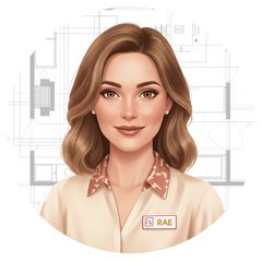 Portrait of Rae, a WarmlyYours radiant floor heating guide, framed against an architectural floor plan sketch.