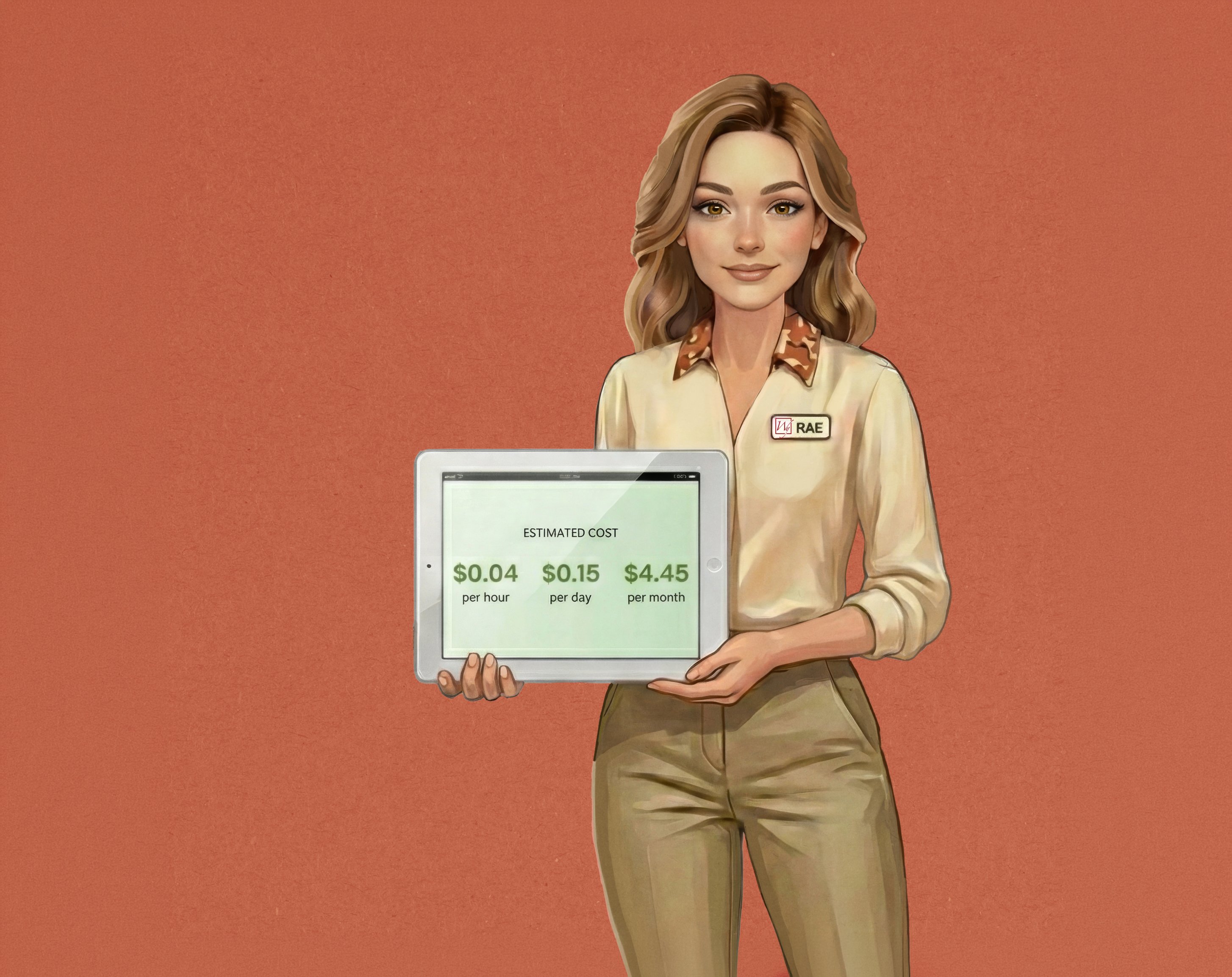 A digital illustration of Rae holding a tablet that displays the estimated hourly, daily, and monthly operating costs for a heating system.