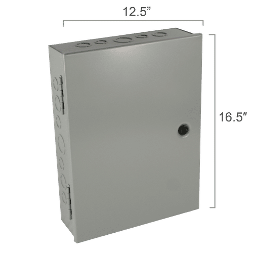 RLY-12PL large relay panel in a grey metal electrical enclosure with a hinged door and quarter-turn latch.