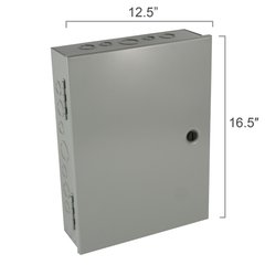 RLY-12PL large relay panel in a grey metal electrical enclosure with a hinged door and quarter-turn latch.