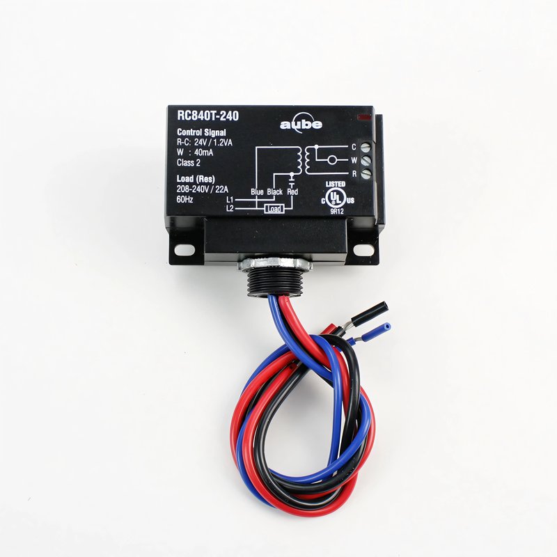 Aube RC840T-240 electromechanical relay with built-in 240V transformer and wiring leads for radiant heating control systems.