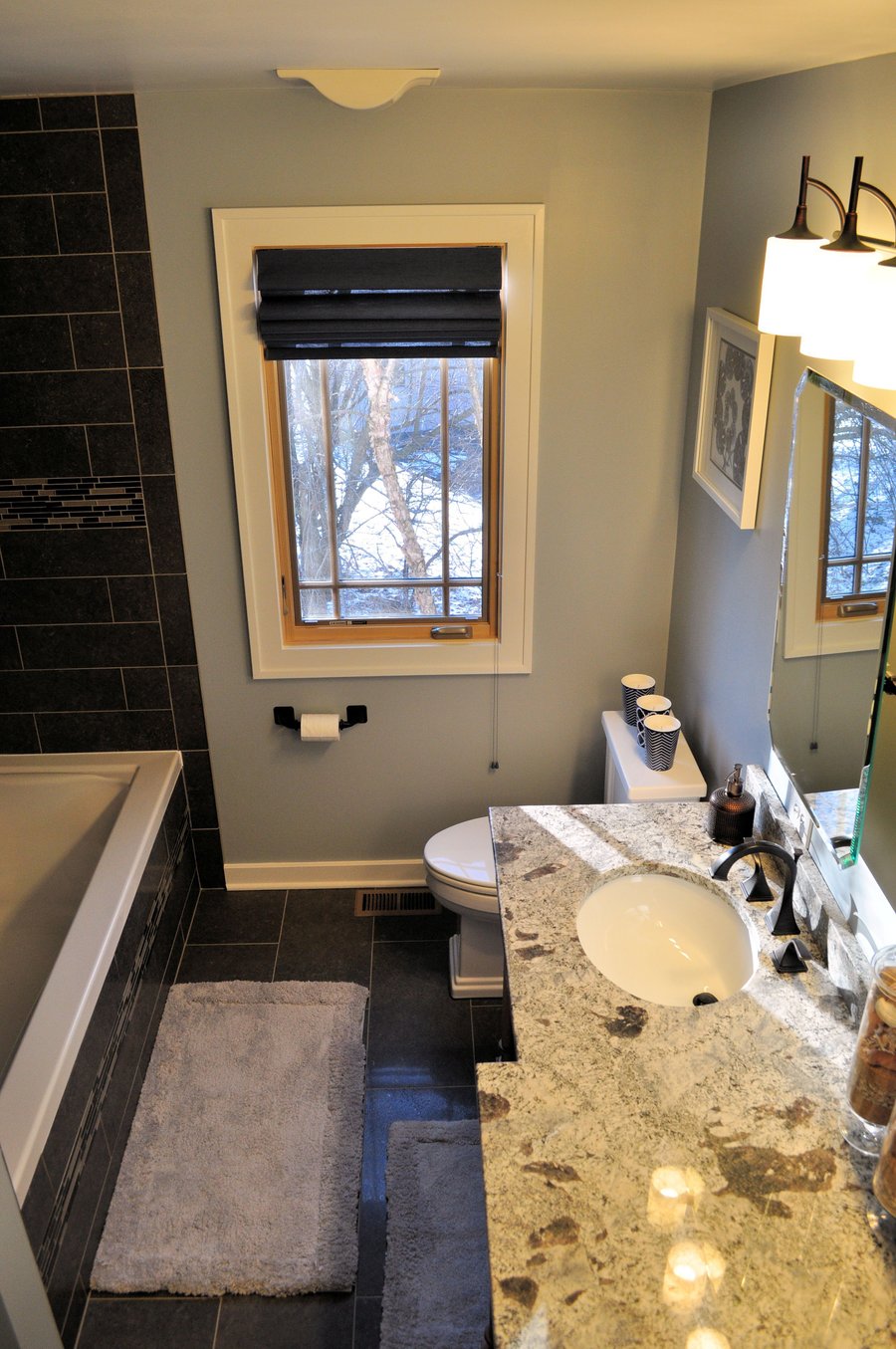 Remodeled bathroom with heated tile-floors