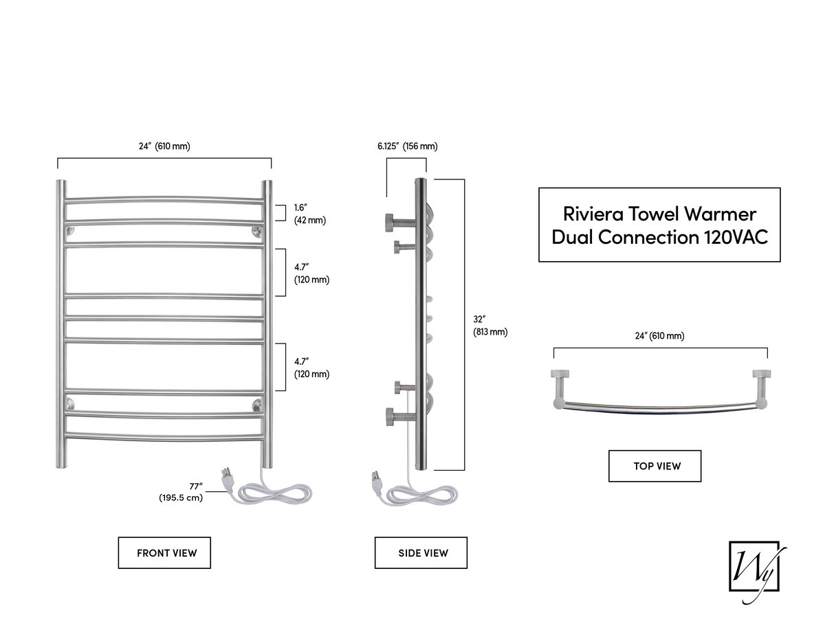 Riviera Brushed Towel Warmer Dual Connect Dimensions