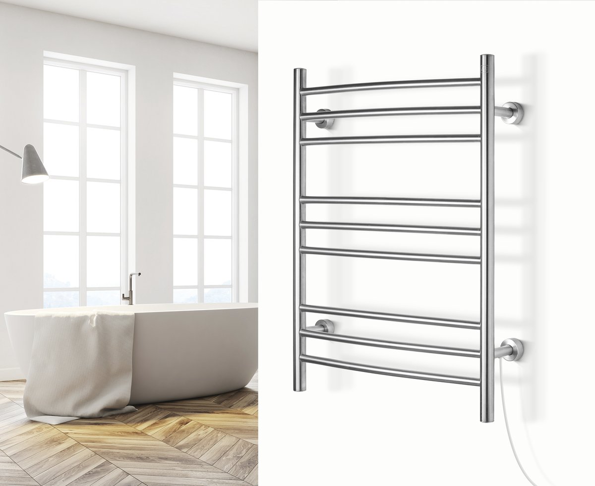 Riviera Brushed Towel Warmer Dual Connect plug Lifestyle