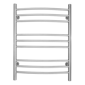 Riviera electric towel warmer with nine curved horizontal bars and a polished stainless steel finish mounted on a wall.