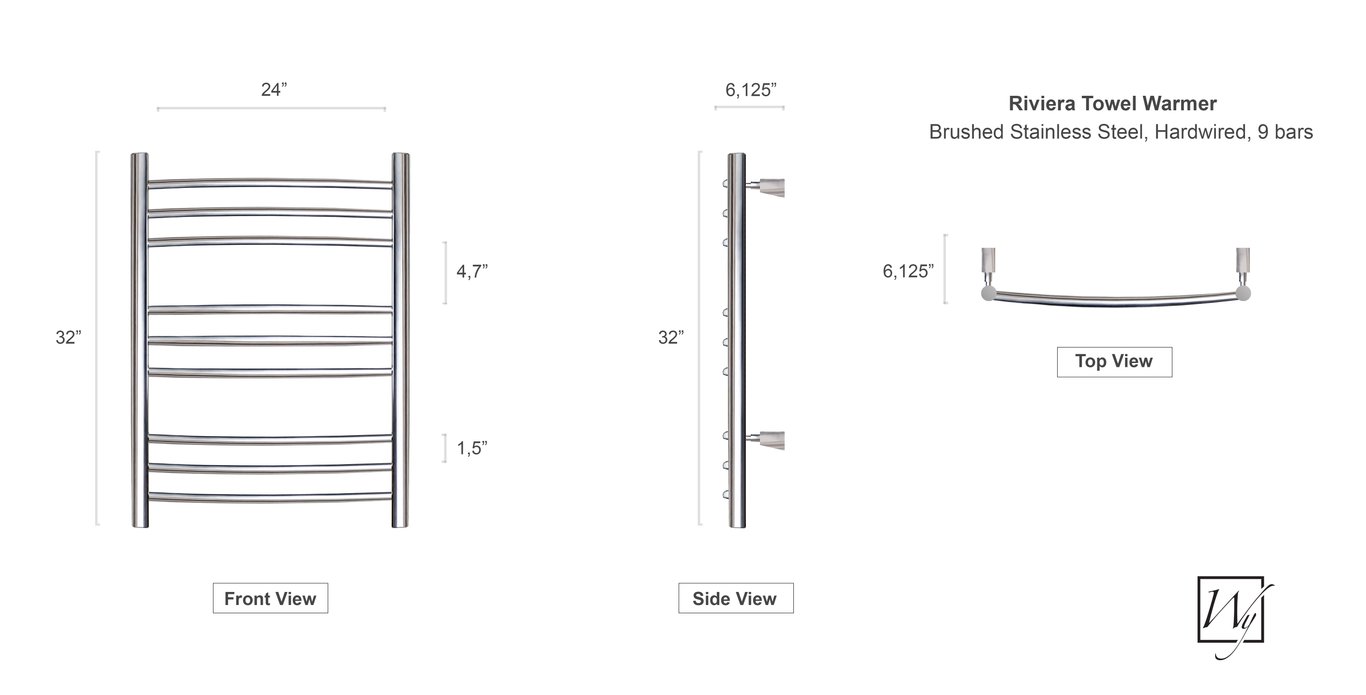 Riviera Towel Warmer Brushed Dimensions