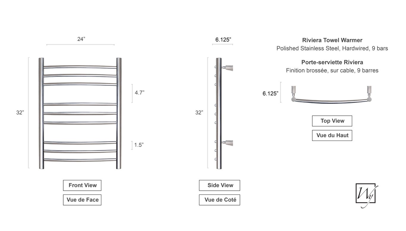 Riviera Towel Warmer Dimensions Illustration ENG-FRENCH