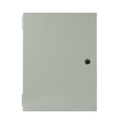 A closed gray metal Large Relay Panel for electric radiant heating systems, featuring a side-hinged door and a black circular turn-latch lock.