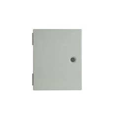 Small Relay Panel RLY-4PL-CC electrical enclosure with a light grey metal finish, side hinges, and a recessed quarter-turn latch.