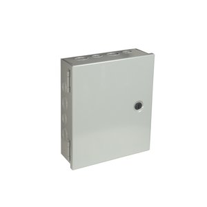 A light gray metal RLY-4PL-CC relay panel enclosure with a hinged door, side hinges, and pre-punched conduit knockouts.