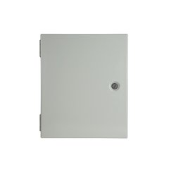RLY-8PL-CC relay control box in a closed gray metal electrical enclosure with a hinged door and quarter-turn latch.