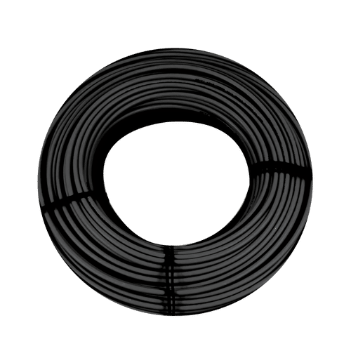 A coiled black ICE Shield self-regulating roof and gutter de-icing cable secured with ties against a white background.