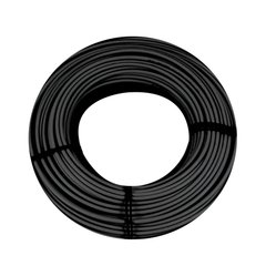 A coiled black ICE Shield self-regulating roof and gutter de-icing cable secured with ties against a white background.