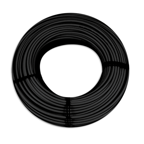 A circular coil of black self-regulating heating cable for roof and gutter deicing systems secured with cable ties.