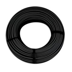A circular coil of black self-regulating heating cable for roof and gutter deicing systems secured with cable ties.