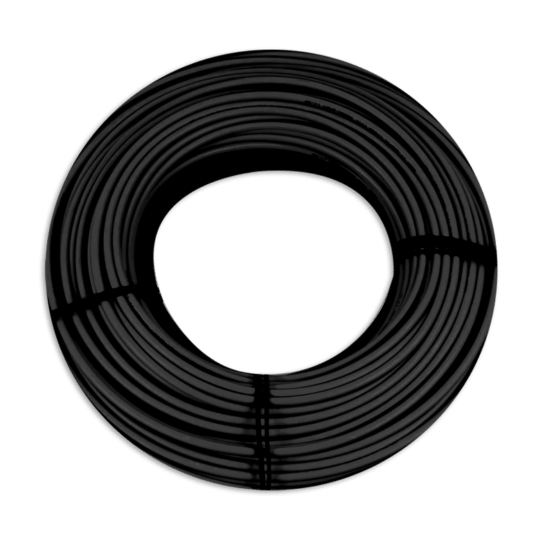 A circular coil of black self-regulating heating cable for roof and gutter deicing systems secured with cable ties.