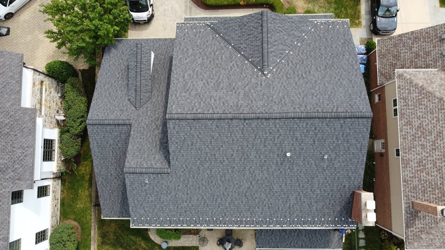 Roof and gutter installation birds eye view
