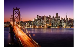 San Francisco Skyline w Bay Bridge at night