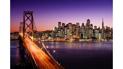 San Francisco Skyline w Bay Bridge at night