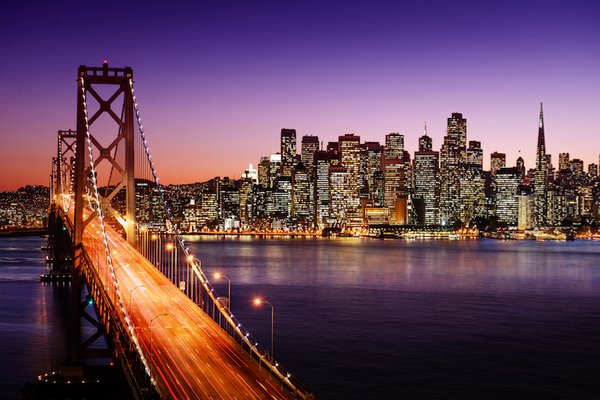 San Francisco Skyline w Bay Bridge at night