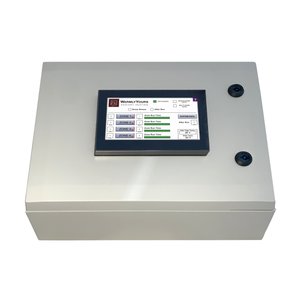 WarmlyYours multi-zone controller with a digital touchscreen display for managing electric radiant heating and snow melting systems.