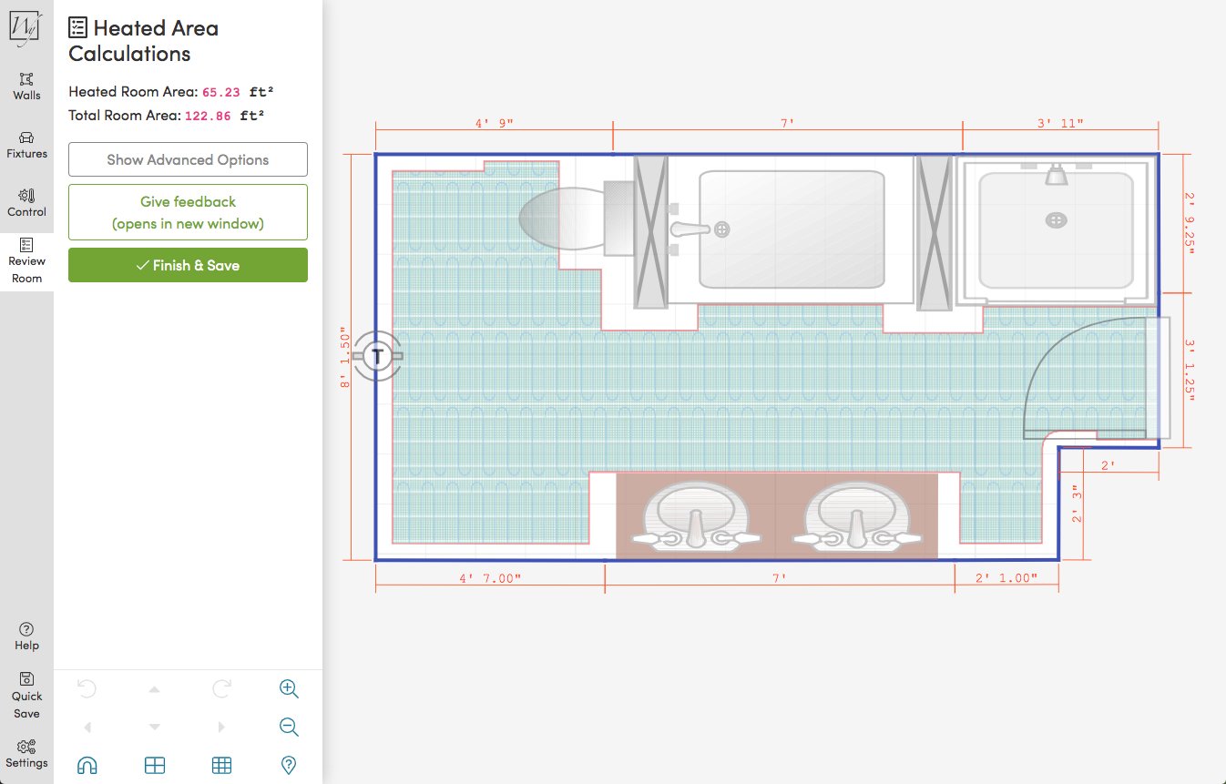 Screenshot of Design Tool being used to draw a master bathroom with floor heating