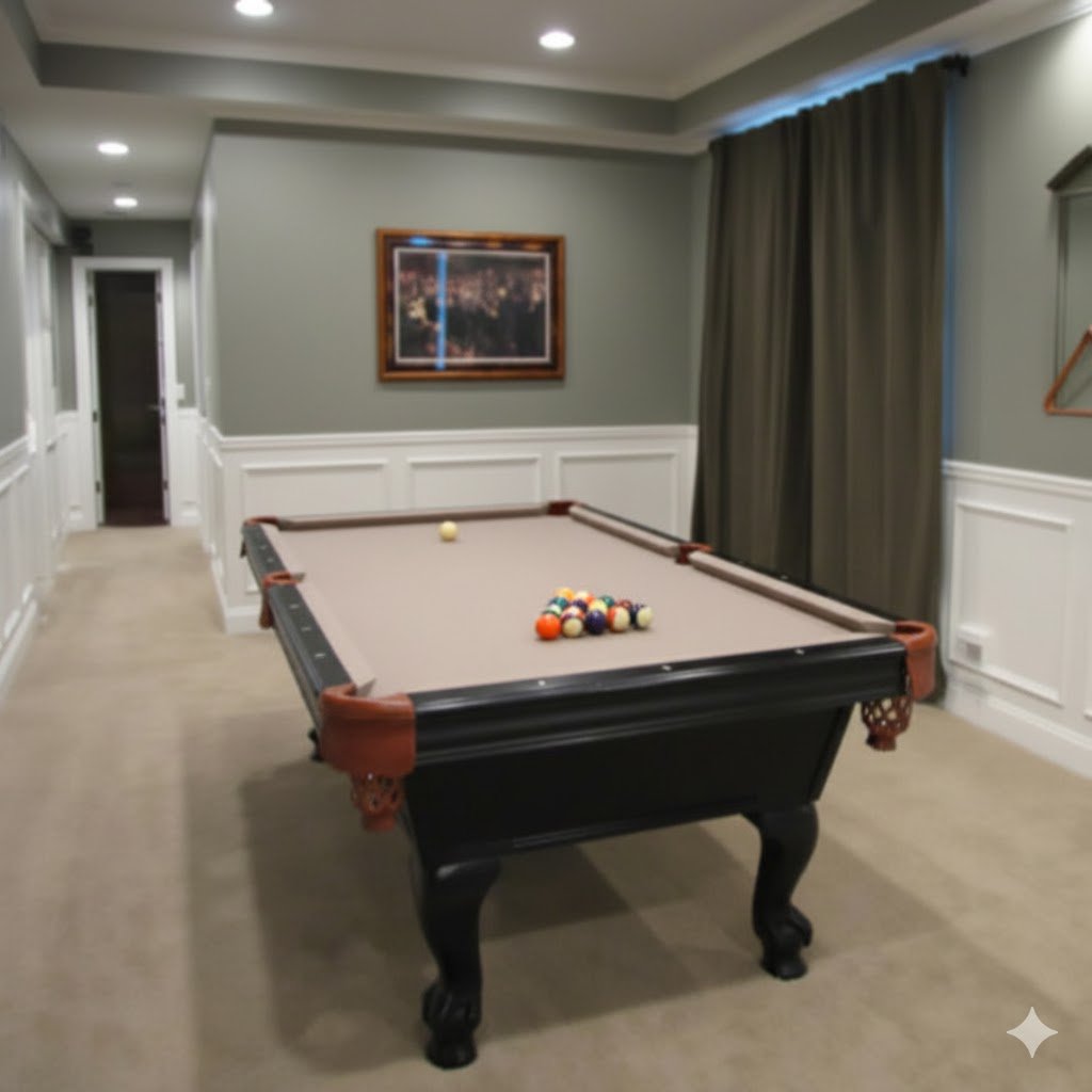 A finished basement game room featuring a billiard table on beige carpeted flooring with sage green walls and white wainscoting.