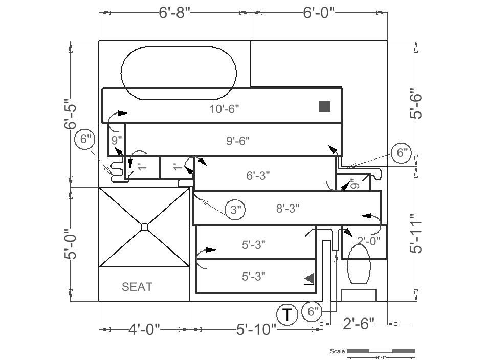 A bathroom floor plan diagram illustrating the layout of electric radiant floor heating mats around a freestanding tub, shower, and toilet.