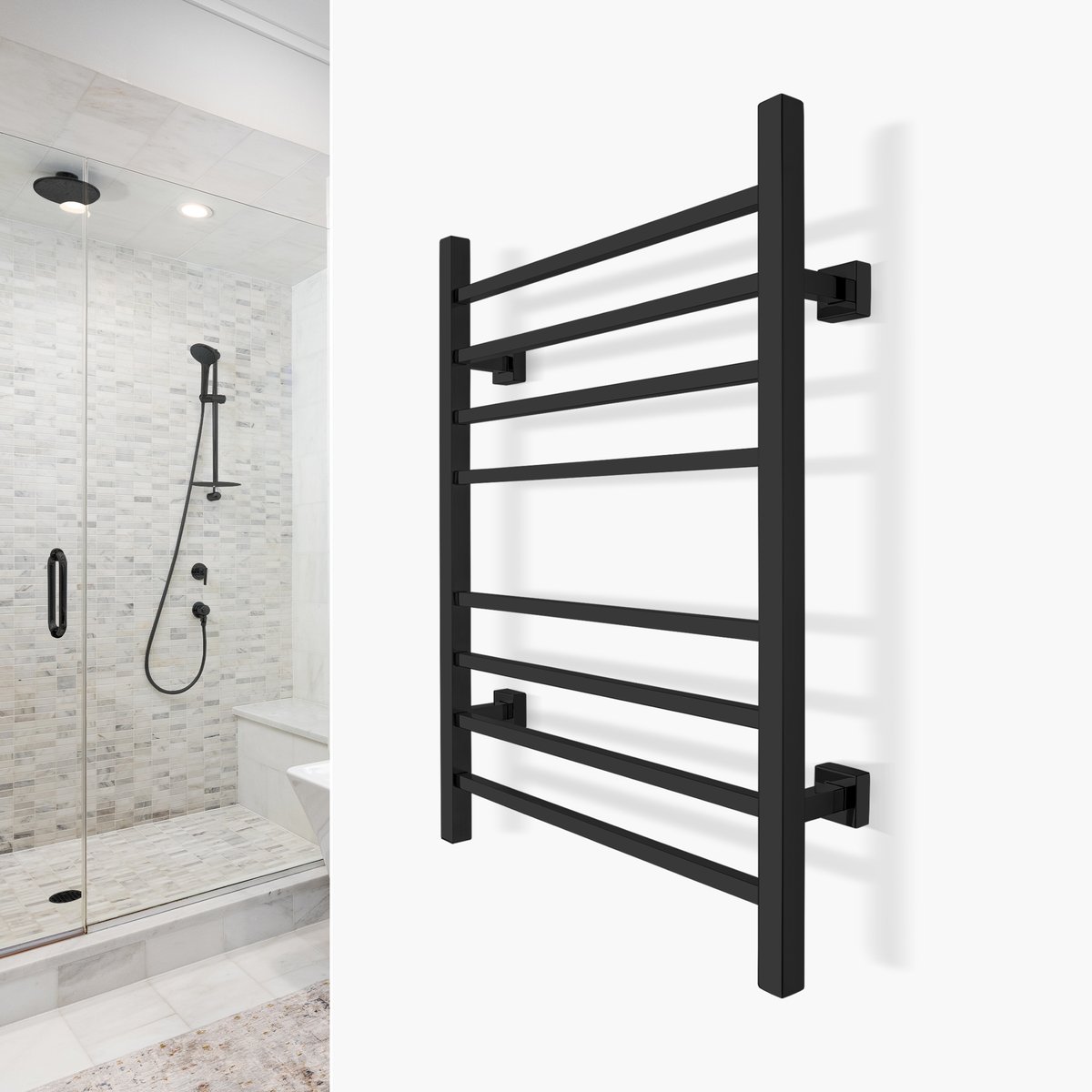 Sierra Black Towel Warmer Landing Page Image on Wall Square
