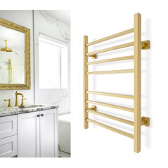 Sierra series wall-mounted towel warmer in a polished gold finish with eight square bars installed in a modern bathroom.