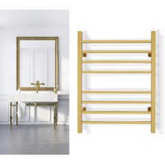 A Sierra gold electric towel warmer with eight square bars mounted on a wall next to a bathroom vanity with matching brass fixtures.