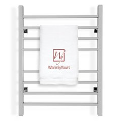 A Sierra polished wall-mounted towel warmer with square rails and a WarmlyYours branded towel hanging on the bars.