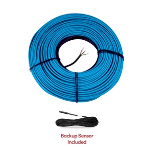 A coiled blue slab heating cable spool with a black cold lead wire and an included floor backup temperature sensor for radiant heating systems.