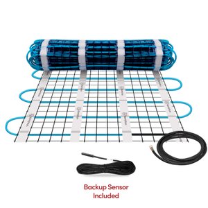 WarmlyYours slab heating mat with blue heating cable on a black mesh grid, featuring a coiled lead cable and backup temperature floor sensor.