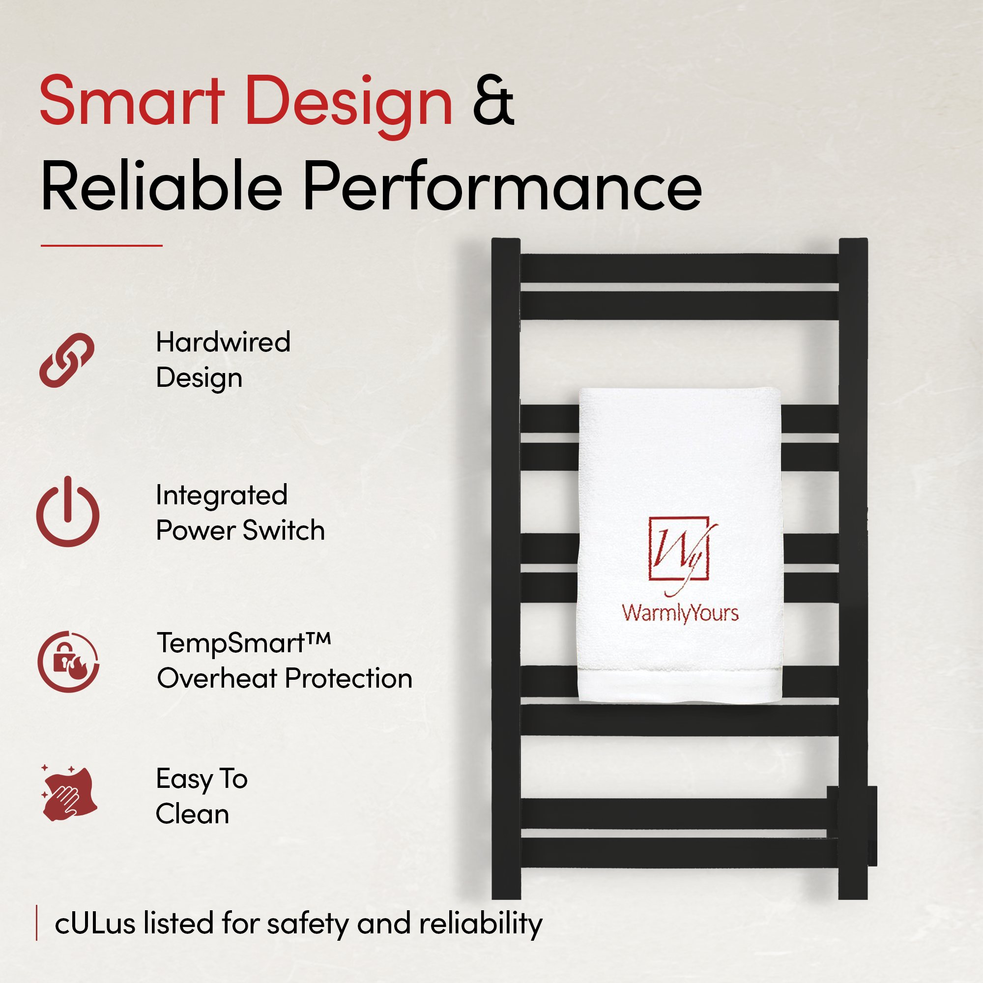 WarmlyYours Grande 10 hardwired towel warmer in matte black with ten horizontal bars and a folded towel mounted on a neutral wall.