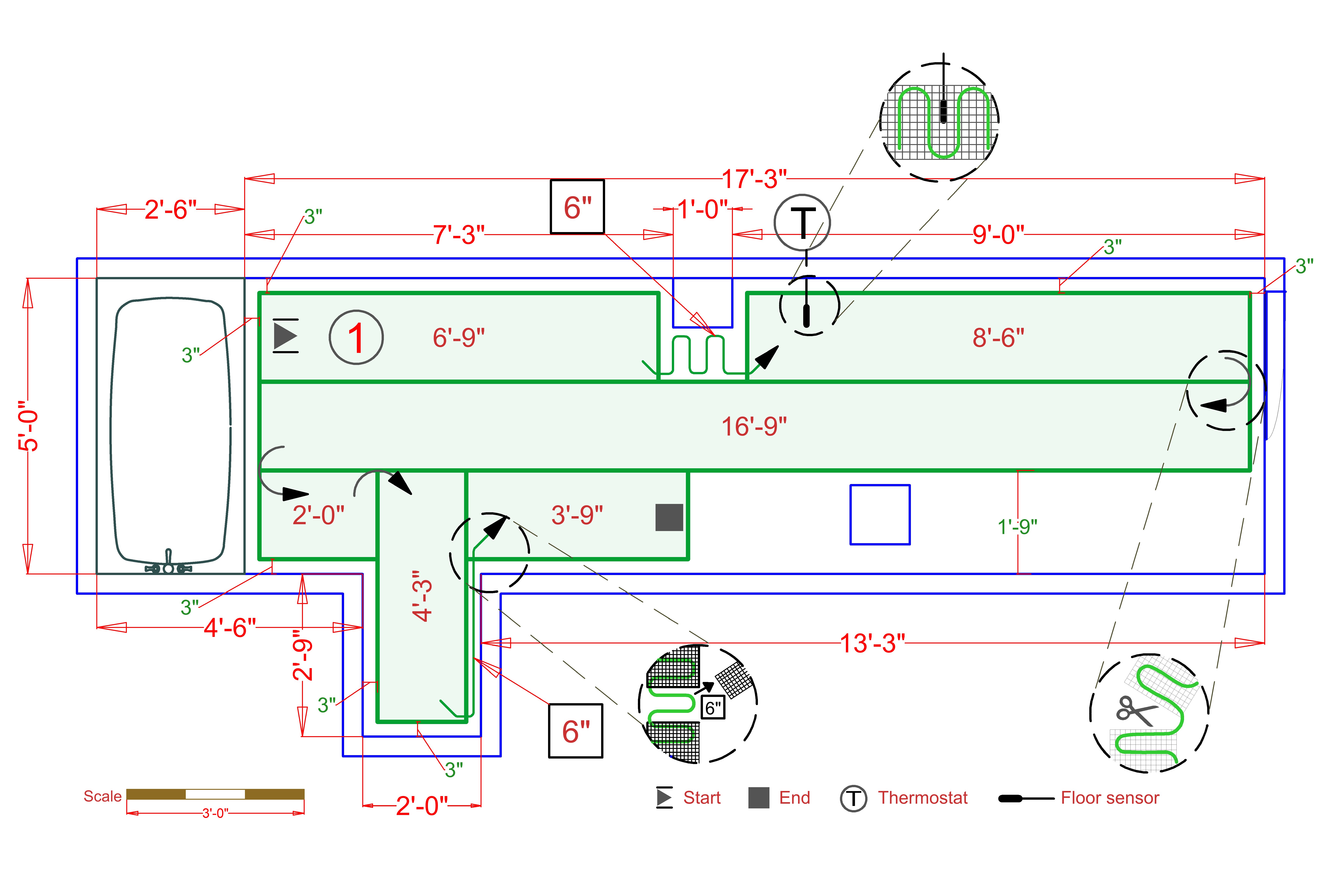 SmartPlan layout diagram from WarmlyYours showing floor heating mat placement and electrical connections for a bathroom installation.