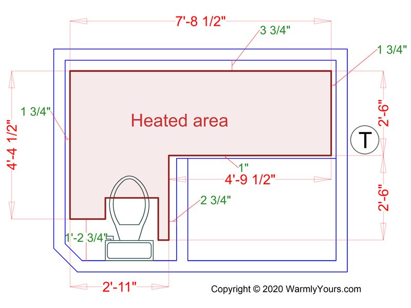 Electric Floor Heating Heated Area Plan in Master Bathroom with TempZone Flex Roll