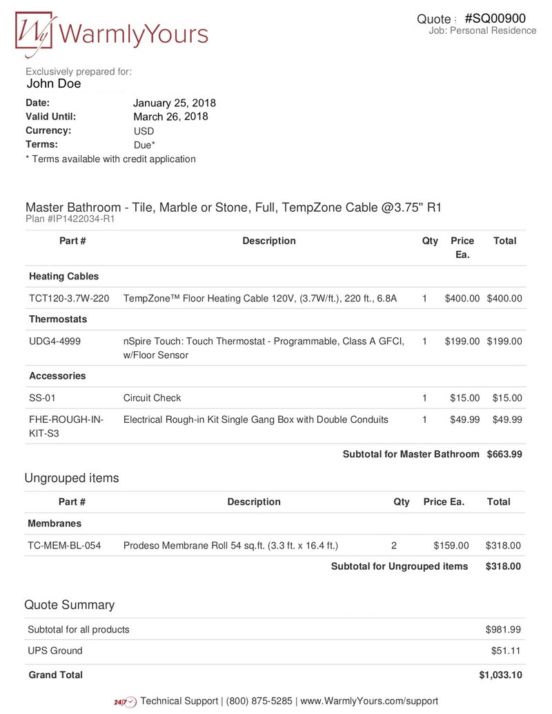 Electric Floor Heating Itemized Product Quote in Master Bathroom with TempZone Flex Roll