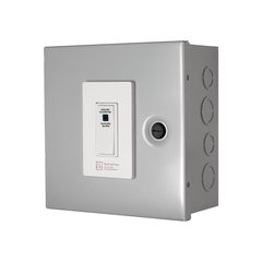 WarmlyYours snow and ice melting WiFi control box featuring a gray metal enclosure and a Leviton smart rocker switch.