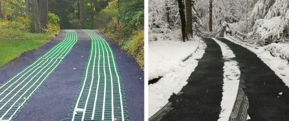 A split view of an asphalt driveway snow melting system, showing heating cables on mesh before paving and clear tracks melted through winter snow.