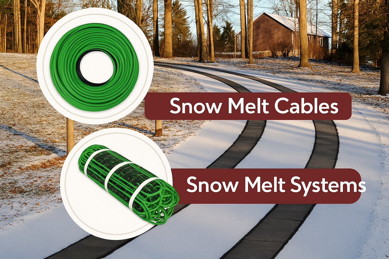 Snow melting systems including heating cables and mesh mats for a snow-covered driveway with clear, heated tire tracks.