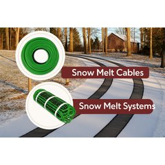 Snow melting systems including heating cables and mesh mats for a snow-covered driveway with clear, heated tire tracks.
