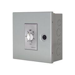 A gray metal snow melt manual timer control enclosure featuring an Intermatic 12-hour rotary dial mounted on the front door.