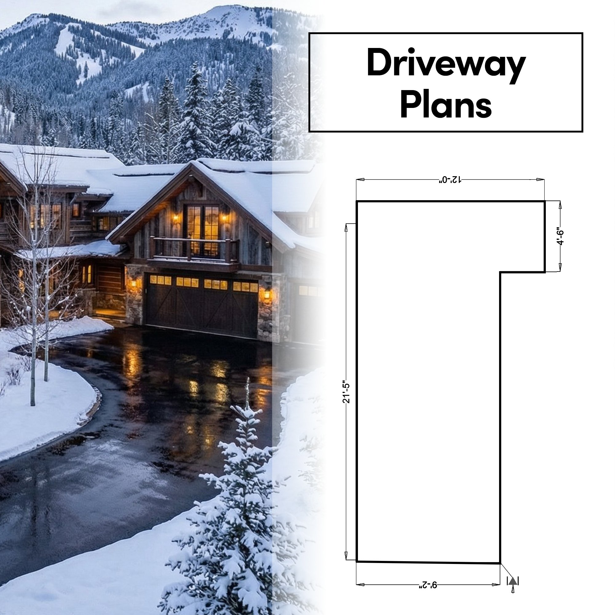 A snow melt driveway system plan next to a rustic mountain home with a clear, snow-free asphalt driveway.