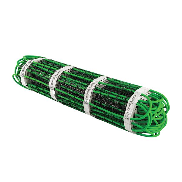 A rolled WarmlyYours Snow Melt PowerMat electric heating mat featuring green heating cable in a serpentine pattern on a black mesh backing.
