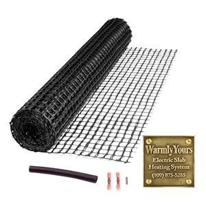 WarmlyYours electric slab heating system accessories including mesh grid, heat shrink tubing, crimp connectors, and a metal mounting plaque.