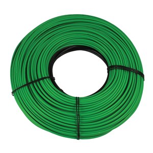 A coiled green electric snow melting heating cable secured with black cable ties against a white background.